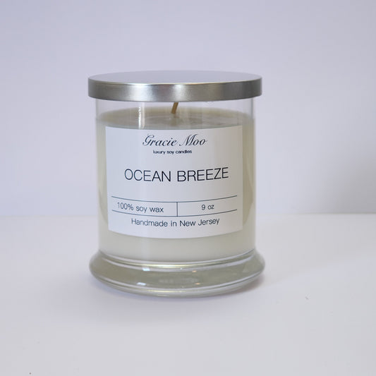 Ocean Breeze Status Candle by Gracie Moo Candles in a glass jar with a soft blue hue and a light, airy scent.
