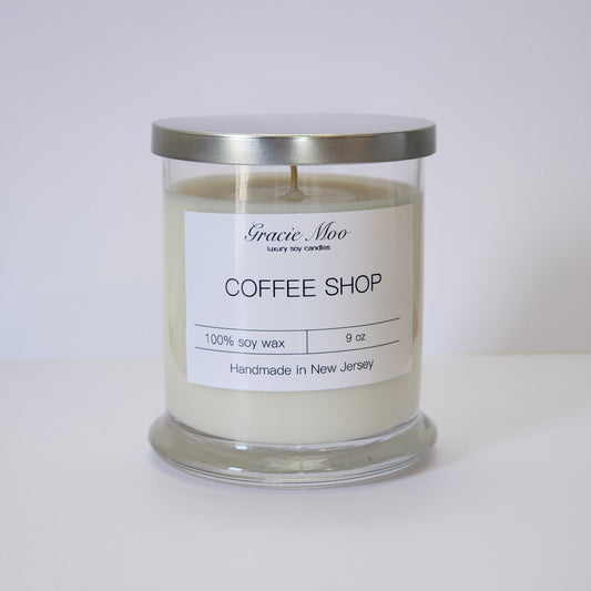 Gracie Moo Candles Coffee Shop Status Candle with warm, inviting design and soft glow, perfect for cozy spaces.