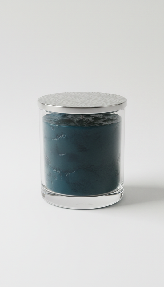 Gracie Moo Candles decorative candle with floral design and warm glow, set on a wooden surface.