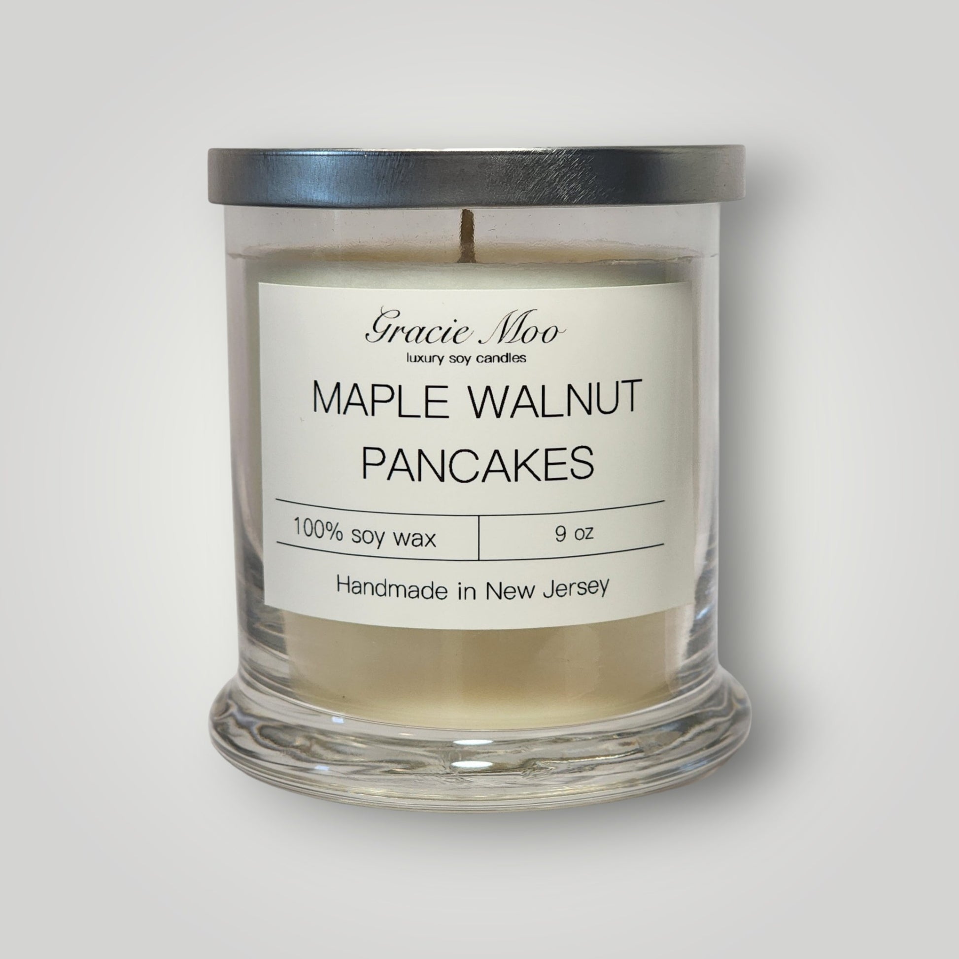Maple Walnut Pancakes candle by Gracie Moo Candles, showcasing a warm, inviting design with rich brown and golden hues.